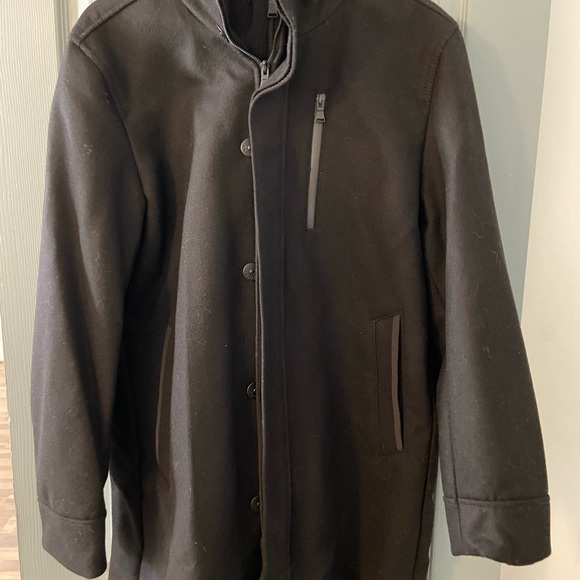 Men Express black wool coat with inside bib for warmth size Large slightly worn. - Picture 5 of 7